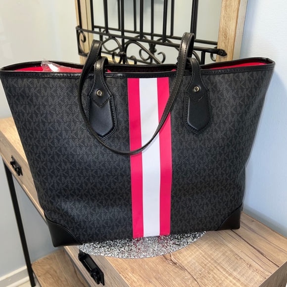 Hard to Find Michael Kors Hot Pink & Black Eva Stripe Tote - Picture 2 of 7